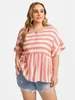 Women's Blouses Summer Elegant Fashion Plus Striped V-Neck Dolman Sleeve Blouse Loose Casual Top Women All-match Chiffon