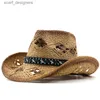 Chapeaux à bord large chapeaux de seaux simples faits à la main le chapeau de soleil naturel pour hommes et femmes chapeaux d'été personnalisés western girl cowboy paille de plage chapeau de plage y240409