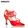 Dance Shoes JOROZEE Latin Women Black Red Satin Salsa Squre Ballroom Dancing Addjust The Width For Narrow Foot Straps