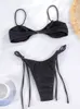 Dames badkleding touw zwart glanzend zwempak met stropdassen 2024 bikini sexy vrouwen badpak Braziliaanse massieve kleur strandkleding strandkleding