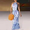 Casual Dresses Summer Halter Sleeveless Back Hollow Women Dress Slim Fit Full Length Tie-dye Print Beach Long Beachwear