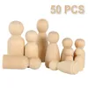 50pcs Poupées à chevilles en bois inachevées DIY PEINTURE NATUREL BOIS Figures non peintes 4 tailles en bois poupée décorative bricolage artisanat