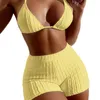 Women's Swimwear 2024 Womens Two Piece Halter Swimsuit Athletic Push Up Bikini Set With Boyshorts Ribbed Mesh Sporty Bathing Suit