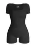 Women Gym Wear Workout Clothing Bodysuits Short Sleeves Yoga Sportswear Square Neck One Piece Ribbed Jumpsuits 240320