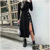 Robes décontractées de base Y Lady Long Manched Side Button Slit Robe Spring Automne Femmes Solide 2024 Fashion Elegant O Neck Party Drop Deved Dh8mr