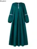 Casual Dresses 2024 Kvinnors O-hals Islamiska Kaftan Robe Dress Paljett Sundress Muslim Abayas för kvinnor långärmad fest