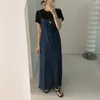 Casual Dresses Denim Spring Summer Sleeveless Slip Dress Women Split Fashion Ruffle Pleated Ladies Korean Style Loose Woman Long