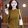 Women's Blouses S-3XL Year Stand Collar Tops Women Winter Basic Wear Office Lady Retro Vintage Slim Short Shirts Beaded Button