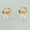 Dangle Earrings Foromance/ RED CZ STONE EARRING WITH SIMULATED PEARL DROP DANGLING PART YELLOW GOLD COLOR HUGGIE HOOP TALL 27MM 1.06"