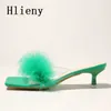 Slippers Liyke Summer Women Fashion Green Fur Feather PVC Sandales transparentes Chaussures Gladiator Casual Low Thin Mules Mules H240409 Cool