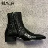 Boots Black& Street Genuine Leather Crocodile Pattern Wedge Zipper Boots Pionted Toe Dress Men Wedding Business Boot