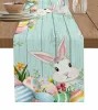 Пасхальная кролика яйца кролики весенние цветы голубые полоса льняные столы бегун на ферме праздничный кухня столовая свадьба домашний декор