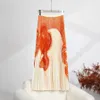 Stretch Miyake Pleated Suit For Women 2023 Printed Turtleneck Long Sleeve Slimming TShirt Elastic Waist Skirt Sets N9110 240402