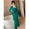 Basic Casual Dresses French Elegant Long Dress Women Retro Green Elastic Twist Diamond Bodycon Ruffles Fishtail Robe Party Banquet Ves Dhbwd