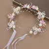 Spring Bohemian Girls Bridal Pearl Hair Headdress Flower Wreath Bride Garland Head Hoop Headbands Hair Jewelry wedding Gifts