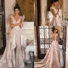 Gorgeous Julie Vino V Neck Detachable Train Mermaid Prom Dresses 2024 Lace Cap Sleeve Overskirt Formal Dress Evening