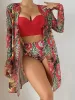 Set di bikini sexy sexy da 3 pezzi 2023 Donne coprono costumi da bagno femminile da bagno stampato tropicale spingendo su abiti da bagno a maniche lunghe.