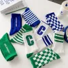 Women Spring and Summer New Ins Checkerboard Socks Online Celebrity Trend Letter Big C Socks Green Striped Letter Socks