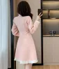Casual Dresses Pink Tweed Dress Women Elegant Luxury 2024 Spring And Autumn Long Sleeve White Neck Korea Slim A-line Pleated Suit