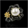 Anéis vintage feminina pérola branca anel fino clássico 14kt preto ouro luxo de luxo noivado de flores para mulheres jóias de entrega de jóias dhdjb