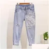 Tvådelt klänning amolapha kvinnor paljett pärlast 3d blomma bomull t-shirt kalvlängd jeans kläder set sommar mid calf jean drop del dh5tf