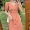 Partykleider süßes Temperament Blumenkleid Sommer V-Ausschnitt Single Breace-up Puffhülle Lange koreanische Mode Frauen Druck