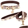 Dog Collars & Leashes Designer Set Soft Adjustable Classic Printed Leather Pet Collar Leash Durable Drop Delivery Home Garden Supplies Dhfgr