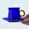 Weingläser 1 Stück 220 ml hoher Borosilikat blau bernsteinfarbenes Materialglas Tee Tasse und Untertassen -Set für Kaffeesmilchwasser trinken