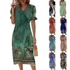 Casual Dresses Beach for Women Spring Summer Elegant Wrap V Neck Floral Boho Dress Flowy Ruched Hawaiian Maxi bekväm