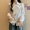 Women's Blouses Spring Autumn Solid Color Fashion Long Sleeve Shirt Women POLO Collar Lacing Bow Patchwork Button Cardigan Elegant All-match