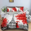 Sängkläder uppsättningar 3D -tryck set Frankrike Paris City landskap Tower Red Modern Bed Quilt Däcke Cover Pudow Case