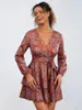 Casual Dresses Doury Women Spring Mini Dress Floral Print Tie Knot Ruffles V-Neck Long Sleeve Chiffon Elegant Swing Skater