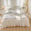 Bedding Sets Cotton Korean Princess White Ruffle Bedspread Flower Embroided Duvet Cover Bed Skirt Pillowcases Home Textile