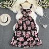 Casual Dresses Summer Beach Women Dress Ladies Midje Slim Mid Length Sleeveless Printed Flowers A-Line Mid-Calf Suspended