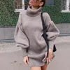 Casual Dresses 2024 Autumn And Winter Women's Fashion European American Temperament High Neck Lantern Sleeve Knitted Sweater Dress