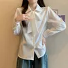 Women's Blouses Spring Autumn Solid Color Fashion Long Sleeve Shirt Women POLO Collar Lacing Bow Patchwork Button Cardigan Elegant All-match