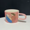 Mugs 350ML Hand-painted Long Handle Cup Painted Coffee Mug Cute Cartoon Oatmeal Kitchenware Embossed Ceramic Girl Heart