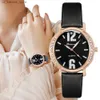 Armbandsur Stylish Simple Women Quartz Luxury Oval With Diamonds Digital Es Casual Black Leather Strap Female Gifts Clock240409