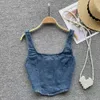 Women's Tanks Camis Korean fashion denim zipper patchwork vest womens versatile casual sleeveless square neckline womens tight fitting corset crop vest top J240409