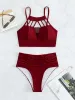 Bikini arricciati tagliata 2023 Donne ad alta vita alta da bagno con costume da bagno solido bagno rosso bagni da bagno bagni da bagno da nuoto
