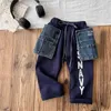 DD -stijl kinderbrief geprinte broek jongens afneembare denim pakket casual broek mode kinderen trekstring taille losse broek z7599