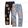 Mäns jeans Y2K MENS Tryckt Jeans American Trendy Brand Trousers Straight Flame Kapok Tryckt Casual Jeans för män och kvinnor T240409