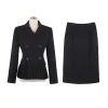 Autumn Spring Office Ladies Two Piece Set Women Notched Double-Breasted White Ruffles Belt Blazer Tops + Split Pencil Skirt Suit