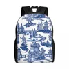 Backpack Blue português porcelana laptop laptop homem homem bookbag de moda para estudantes universitários bolsa de padrões de flores