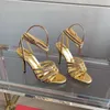 Sandalen Sommer Mode echte Leder-Knöchel-Straße Open-Toe High Heel Frau Crystal Decora Stilettos Ladies Bankettpumpen