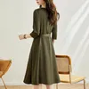 Casual Dresses Coigarssam Women's Summer Dress 2024 Office Lady Korea Style Three Quarter Sleeve Belt Solid O-Neck Army Green