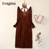 Lässige Kleider Evagina Mode Runway Designer Frauen Dollkragen Bow Long Sleeve Button Slim-Fit mit Hüftpack-Samtkleid