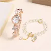 Polshorloges Sweet Flower Style Rhinestone Quartz Women Bracelet Watch