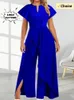 Summer Elegant Womens Vneck Irregular Jumpsuit Solid Color Short Sleeved Long Style Banquet 240409