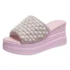 2024 Summer New Style Outward Wearing Matsu Cake Thick Sole High for Women's Sequin Pearl Slop Heel Cool Slippers